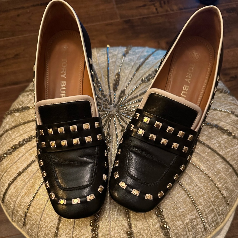 Tory Burch Black and Gold Studded Flats